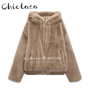 Womens Fur Faux CHICLAZA Winter Women Fashion Zip Hooded Jacket Coat Female Solid Color Keep Warm Top Outerwear 220929