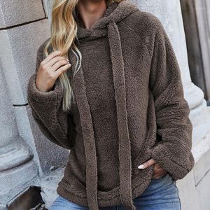 Kvinnors päls bekväma plysch hoodie dragsko varm tjock tröja fluffiga toppar kvinnor lös överdimensionerad poleron mujer vinter solid färg