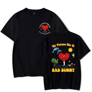 Kötü tavşan un verano sin ti müzik albümü çift taraflı baskı grafik tişört unisex hip hop tişörtleri büyük boy sokak kıyafetleri