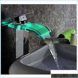 Bathroom Sink Faucets Square High Waterfall Water Tap Blue Platform Bathroom Led Sink Faucet Basin No Battery Single Handle Glass Spo Dhhjf