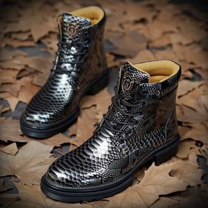 Boots British Casual Short Men Shoes Fashion Classic Pu Retro Snake Pattern Round Head Lacing Street Outdoor Daily AD334 7264