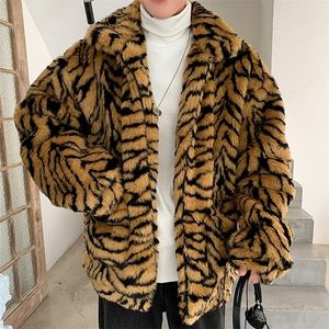 Herrjackor faux päls för män stänger av krage tiger leopard imitera jacka tjock vinter varm fluffig plysch lös jumper outwear 220930