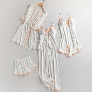 Abbigliamento per la casa Pigiama bianco Set da notte in pizzo sexy Indumenti da notte in raso Kimono Accappatoio Abito da salotto Pigiama morbido Indumenti da notte 2022 Abbigliamento per la casa