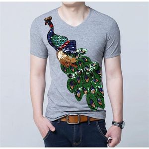 Herr t-skjortor sommaren 2022 eleganta herrar 3D-tryckmönster påfågel paljett t-shirt o-hals kort ärm mode topp plus stor
