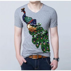 Erkek Tişörtleri Yaz 2022 Zarif Erkekler 3D Baskı Deseni Tavuskuşu Sequin T-Shirt O yakalı kısa kol moda üstü artı büyük