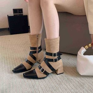 Designer Boots Fashion Women Mid Calf Cross Bandage Flock Side Zipper Square Toe Winter Green Black Beige Thick Heels Belt 220815