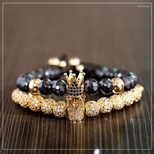 Strand Luxury King Crown Beads Bracelet Set For Men Classic Black Hematit 8mm Ball Copper Bracelets&Bangles Women Jewelry