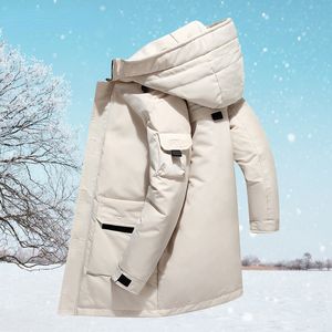 Vinter varma män parkor jackor tjockare mens lång vit anka ner jacka fast huva outkläder kläder vindtät puffer överrock