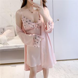 Kvinnors sömnkläder 2st Robe Set Casual Nightgown Kimono Bathrobe Gown Bridal Wedding Present Women Loose Satin 2022 Summer Lingerie