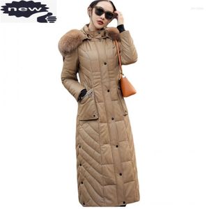 Women's Leather Winter Women Long White Duck Down Jacket Slim Fit Ladies Sheepskin Genuine Coat Fur Collar Hoody Thick Warm Overcoat