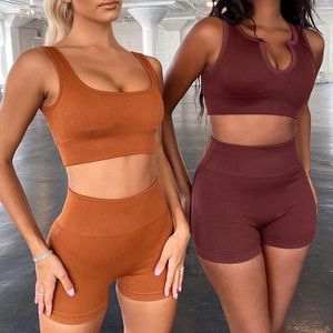 Damen-Trainingsanzüge, nahtlose Yoga-Sets, Fitness-Sport-Set, sexy U-Ausschnitt, kurzes Oberteil, hohe Taille, Shorts, 2 Stück, Laufsport, Trainingskleidung, Fitnessstudio-Anzug 220929