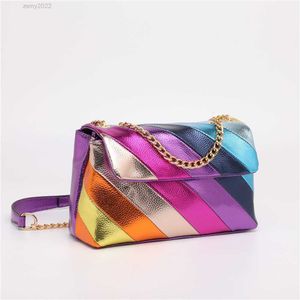 Multi-Coloured Neon Rainbow Jointing Stitching PU Handbag Metallic Chain Straps Rainbow Color Crossbody Bag