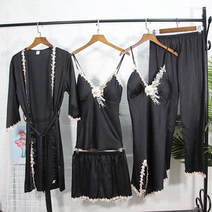 Startseite Bekleidung Nachtwäsche Damen 5-teiliges Robe-Set, seidiger Pyjama, Anzug, Kimono, Badekleid, Spitzenbesatz, sexy Pyjama, lässige Satin-Kleidung, Dessous