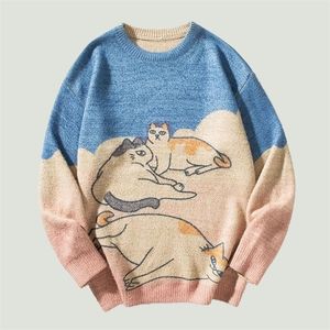Męskie swetry duże dzianiny męskie harajuku streszczenie Pet Cat Wzór drukowane patchwork Jumpers Zime swobodne pullover unisex 220930