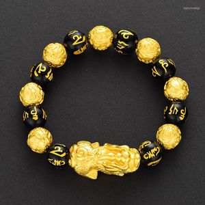 Strand Feng Shui Black Obsidian Bracelet Men Mulheres originais Charme de riqueza natural chinês Boa sorte Pixiu Buda Mantra Jóias de Deus