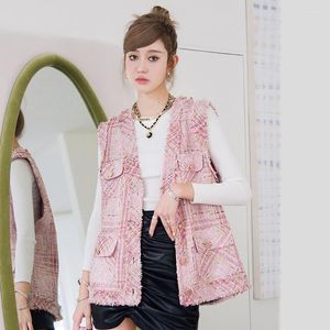 Gilet da donna Runway Designer Donna Gilet scozzese rosa 2022 Autunno senza maniche Gilet allentato Frange Giacca di tweed Cappotto Canotta