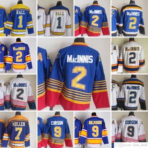 Filme CCM Vintage Ice Hockey 1 Glenn Hall Jerseys 7 Joe Mullen 2 Al Macinnis 9 Shayne Corson Men Borderyy Jersey 1995 1996 Blue White