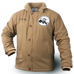Mens Jackets N1 Teddy Bear Sherpa Collar Varsity Zip Up Deck Jacket USN Vintage Military Winter Coat Thick Khaki