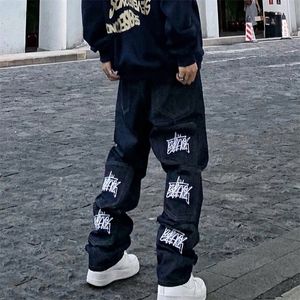 Men's Jeans Retro Multi-pockets Letter Embroidery Casual Mens Pants Straight Harajuku Hip Hop Loose Denim Trousers 220930