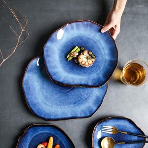 プレートセラミックディープブルー不規則フラットプレート陶器料理家庭用装飾食器食器トレイエルキッチン用品