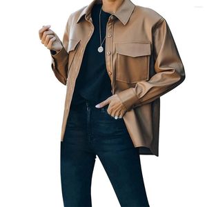 Women's Blouses Women's Button Front Faux PU Leather Shirt Loose Spring Fall Cardigan Tops Long Sleeve Lapel Neck Chest Pockets Blouse