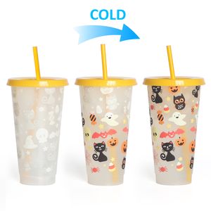 2022 Creative Drinkware Cold Color Changing Plastic Cups Halloween Decoration Juice Cup With Lock och Straw Dh84