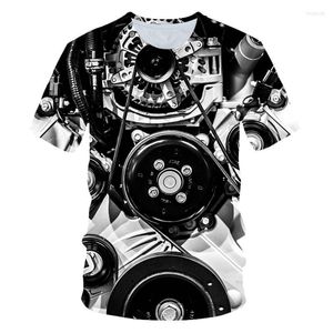 Camisetas de camisetas masculinas de verão masculino, design de motocicleta em 3D, design de interiores retro mecânicos colarinho curto divertido camiseta de tamanho grande