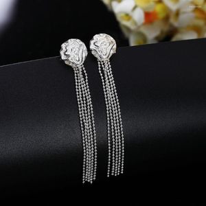 Hoop Earrings Fine 925 Color Silver Tassel Rose Flower Stud For Women Holiday Gifts Fashion Brands Wedding Party Lady Jewelry