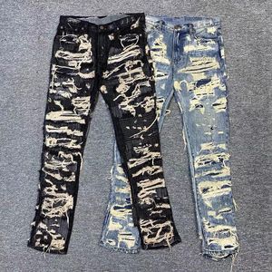 Men's Jeans Fashion Fried Street Exaggeratedly Taped Slim Straight Pants Embroidered Patch High Work Wash Casual Man