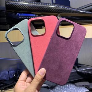 Casos magnéticos de couro genuíno alcantara para iPhone 14 pro máximo 14 mag cofre de armadura de metal segura