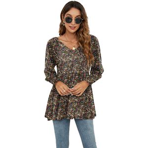 Damen Casual Puff Langarm Tunika Tops V-Ausschnitt Print Smocked Cuffs Plissee Flare Bluse T-Shirts 229302