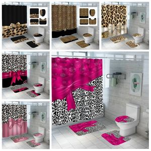 Duschgardiner Girly Pink Red Ribbon Leopard Print Waterproof Curtain Set med Cheetah Mattor 3PC Toalett Cover Bath Rug Doormat