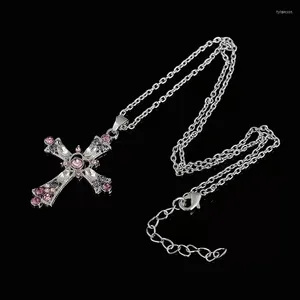 Pendant Necklaces Y2K Fashion Heart Cross Necklace Pink Crystal Egirl Sweet Cool Clavicle Chain Aesthetic Party Jewelry Gifts