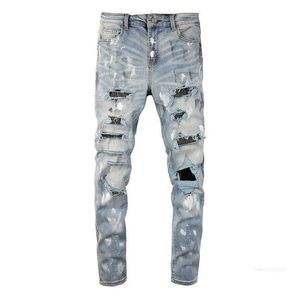 Denim Amirs Jeans Designer Calças Homem Queda 6626 Splash Am Blue Diamond Moda Mens Desgastado e Slim Stretch Pés 2PD1