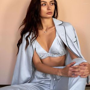 Hemkl￤der Fashion Solid Color Satin Robe Set With Bra Sexig pyjamas kvinnlig kostym f￶r kvinnor Pajama 2022 Spring Long Sleeve Sleepwear