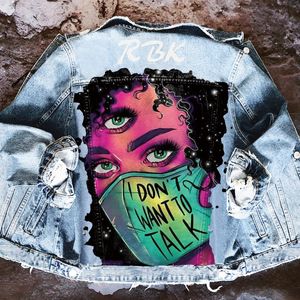 Mask Girls Print Personality Pattern Jackets Ladies European and American Hip Hop Loose Denim Lapel Jacket Autumn and Winter