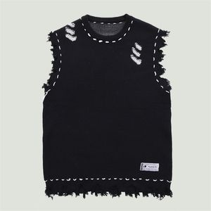 Men's Sweaters Distressed Knitted Sweater Vest Streetwear Vintage Haruku Hole Fringed Sleeveless Vests Oversized Casual Pullover Unisex 220930