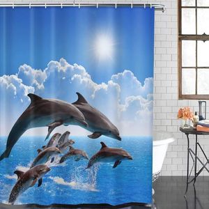 Tende da doccia Art Curtain Set Jumping Dolphins Blue Sea Sky White Clouds Bellissimo tessuto in poliestere lavabile arredo bagno