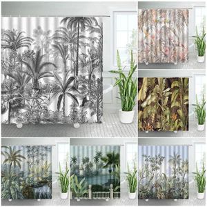 Rideaux de douche noirs blancs plantes tropicales palmiers jungle paysage naturel home polyester baignoire rideau de salle de bain d coration de salle de bain