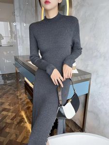 Casual Dresses Korean A-line Dress For Women MAJ Autumn Winter Half Turtleneck High-waisted Side Ring Buckle Slit Rib Knit Long Skirt Robe