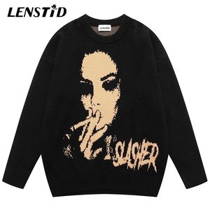 Herrtröjor Lenstid Autumn Män överdimensionerade stickade hiphoprökning flicka grafisk jumper streetwear harajuku mode casual pullovers 220930