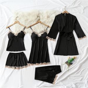 Home Clothing Sexy 5 Piece Pajamas Set With Lace Sleepwear For Women Satin Kimono Bathrobe Gown Silky Intimate Lingerie Lounge Wear