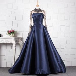 Elegant Special Occasion Dresses Dark Blue Satin Prom Dress High Neck Beaded Formal Evening Dress party TT0183