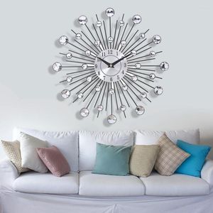 Relógios de parede 33 cm de cristal prateado diamante jóias redondo relógio de metal de sol para a casa de estar decoração de quarto ornamento