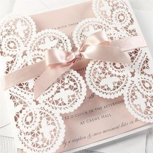 Greeting Cards 10 pieces/lot White Lace Rose Gold Bowknot Wedding Invitation Card Laser Floral Pink Engagement Quinceanera Invitations IC134 220930