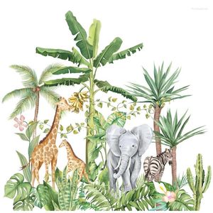 Wall Stickers Cartoon Tropical Rainforest Animals Elephant Giraffe Nordic Plant Sofa Kids Bedroom Background Decoration