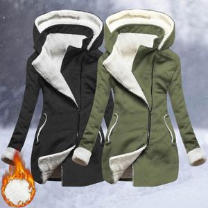 Jackets femininos zíper lateral lateral bolsões mulheres revestem a cor sólida lã de lã forrada com capuz de inverno de inverno que quente outerwear