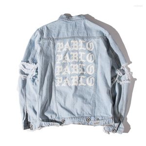 Men's Jackets Spring And Autumn Classic Men Clothing White PABLO Print Denim Jacket Frayed Broken Hole Cowboy Clothes Casual Loose Outerwear