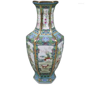 花瓶エナメルセラミック花瓶のQianlong Year Mark Golden Zodiac六角形のアンティーク磁器コレクションルームの家の装飾