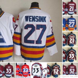 Film CCM Vintage Ice Hockey 21 Peter Forsberg Tröjor Stitched 27 John Wensink 33 Patrick Roy 52 Adam Foote Jersey Blå Röd Vit Män